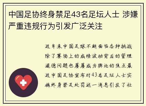 中国足协终身禁足43名足坛人士 涉嫌严重违规行为引发广泛关注