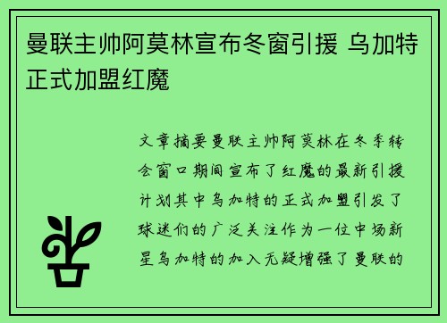 曼联主帅阿莫林宣布冬窗引援 乌加特正式加盟红魔 曼联主帅阿莫林宣布冬窗引援 乌加特正式加盟红魔